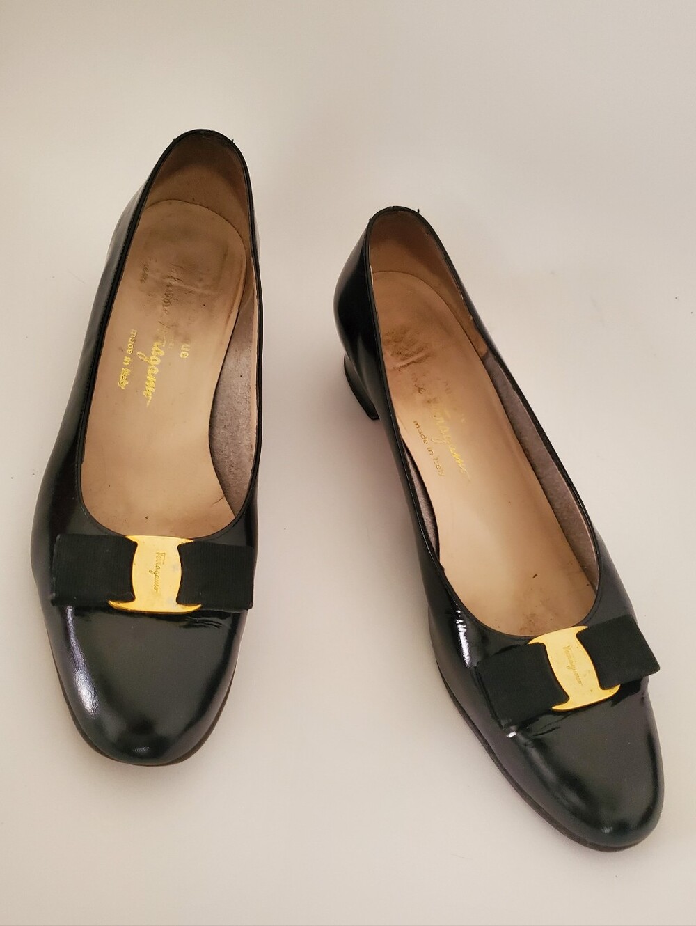 Salvatore Ferragamo Black Patent Vara Bow Flats with Gold Hardware
